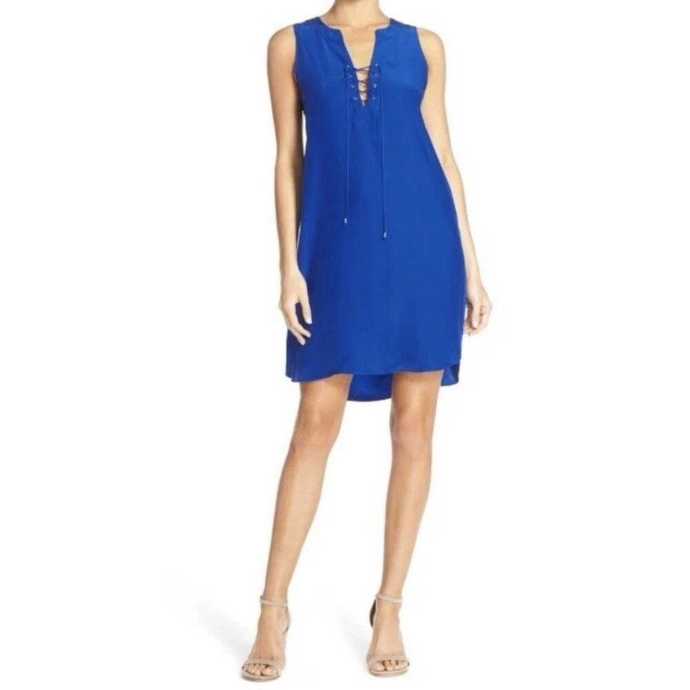 Amanda Uprichared Michaela Lace Up Silk Shift Dress Deep Royal Blue Size S